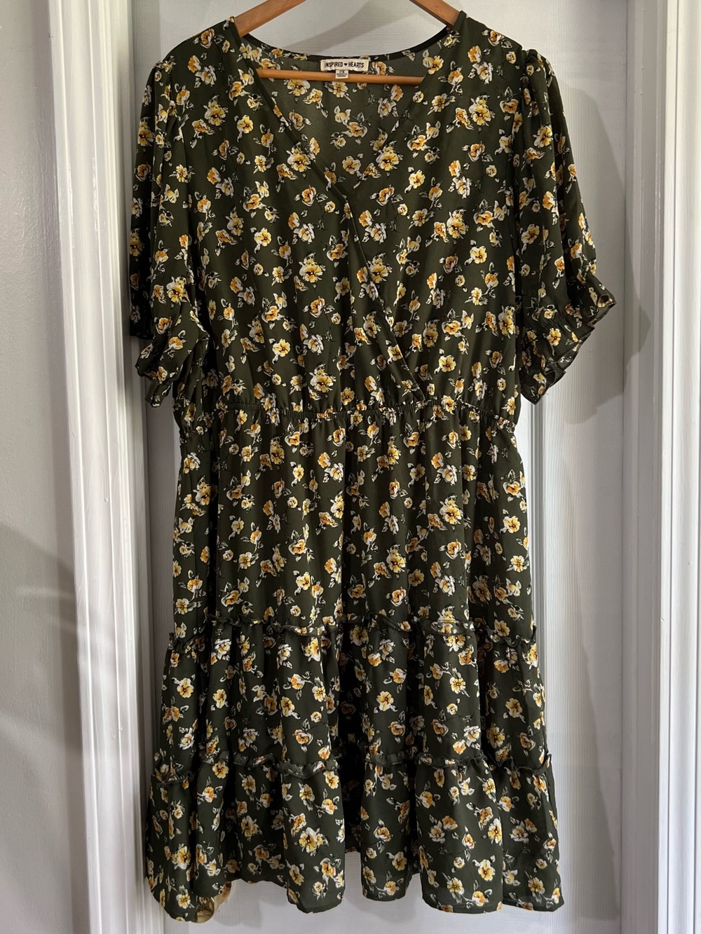 Inspired Hearts Olive Floral Tiered V-Neck Midi Dress